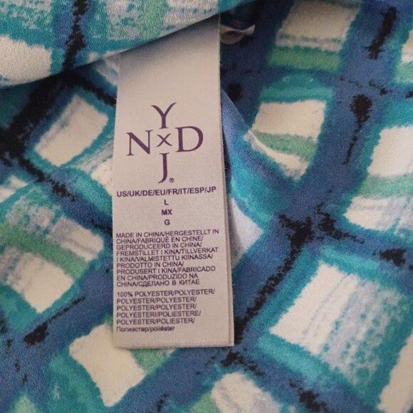 NYDJ L Blue Green Painterly Plaid Chiffon Tunic Top 3/4 Sleeve Pullover - Picture 4 of 8
